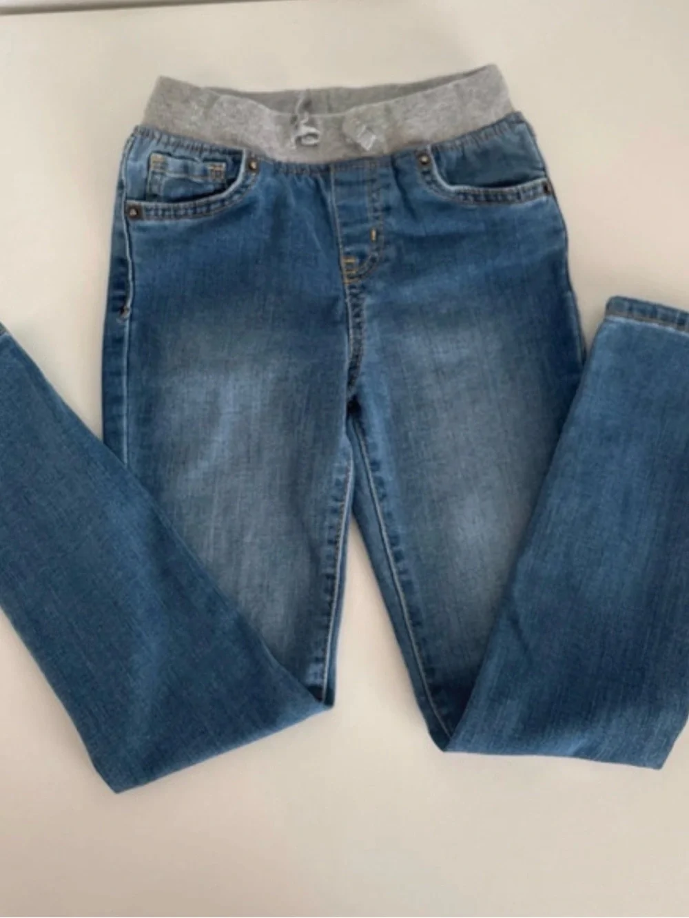 Girl Denim Joggers Trio with Pink Waistband and Silver Bow 3-pieces 5/6